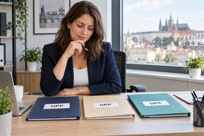 A woman compares documents representing HPP, DPP and DPČ employment options.