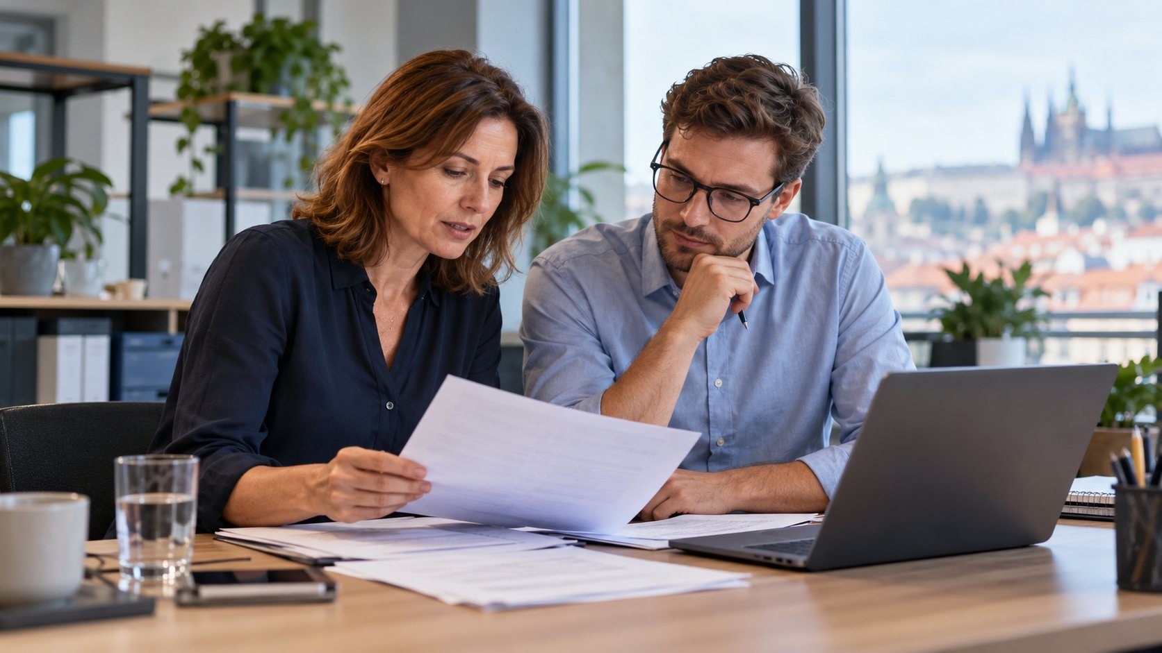 Payroll and HR colleagues reviewing documents beside a laptop in an office.