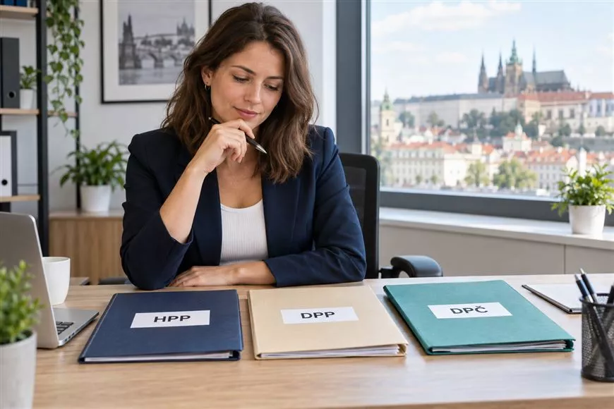 Žena porovnává dokumenty představující HPP, DPP a DPČ.