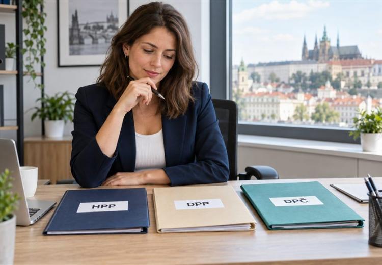 Žena porovnává dokumenty představující HPP, DPP a DPČ.