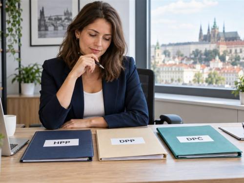 Žena porovnává dokumenty představující HPP, DPP a DPČ.